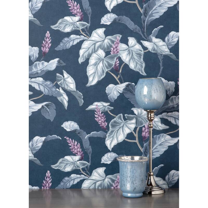 Brewster Meridian Parade Blue Tropical Leaves Wallpaper