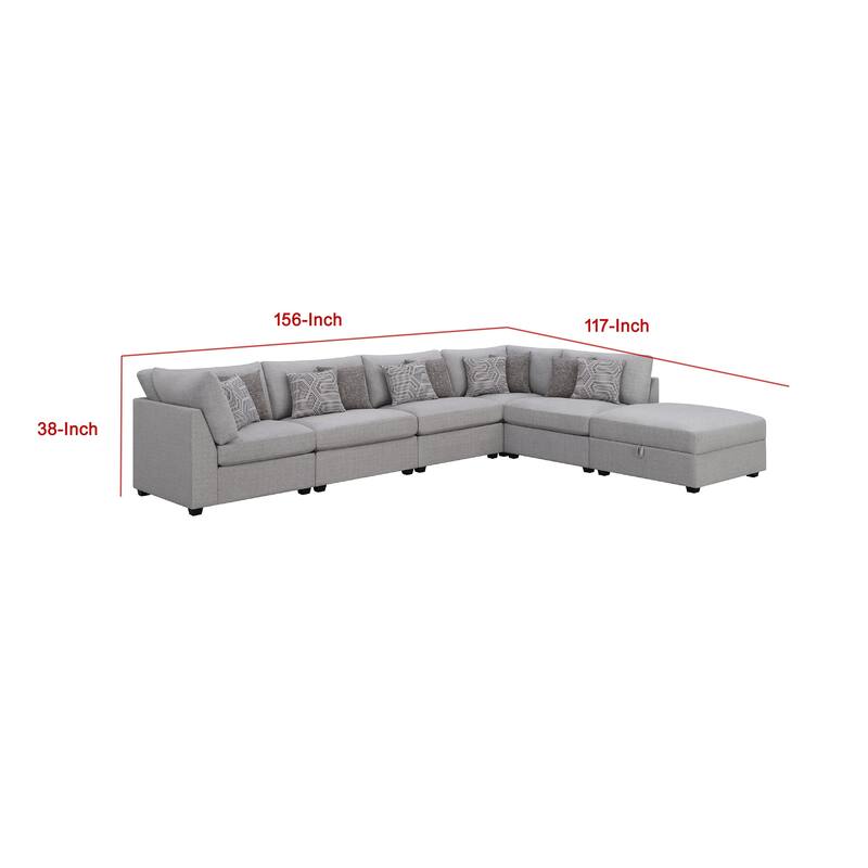 Cambia 6 Piece Modular Sectional Sofa with Ottoman, 10 Pillows, Gray