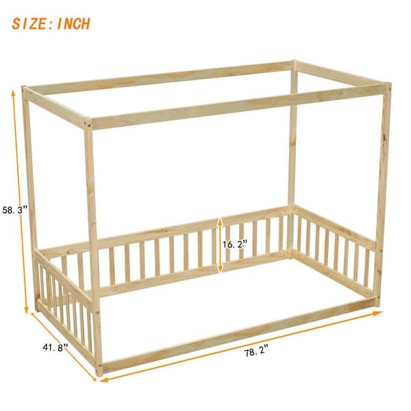 dimension image slide 4 of 6, Pine Wood Canopy Frame Floor Bed with Fence and Guardrails for Bedroom