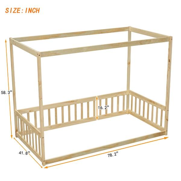 dimension image slide 2 of 3, Twin Size Mattresses Canopy Bed Frame with Fence, Guardrails, Playroom Floor Bed Kids Four Corner Beds for Children's Room