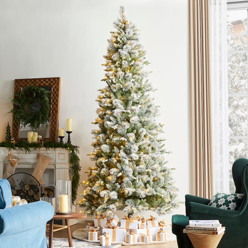 Glitzhome 7.5ft/9ft/11ft Pre-Lit Flocked Slim Pine Artificial Christmas Tree w/ Foot Pedal & Remote Control
