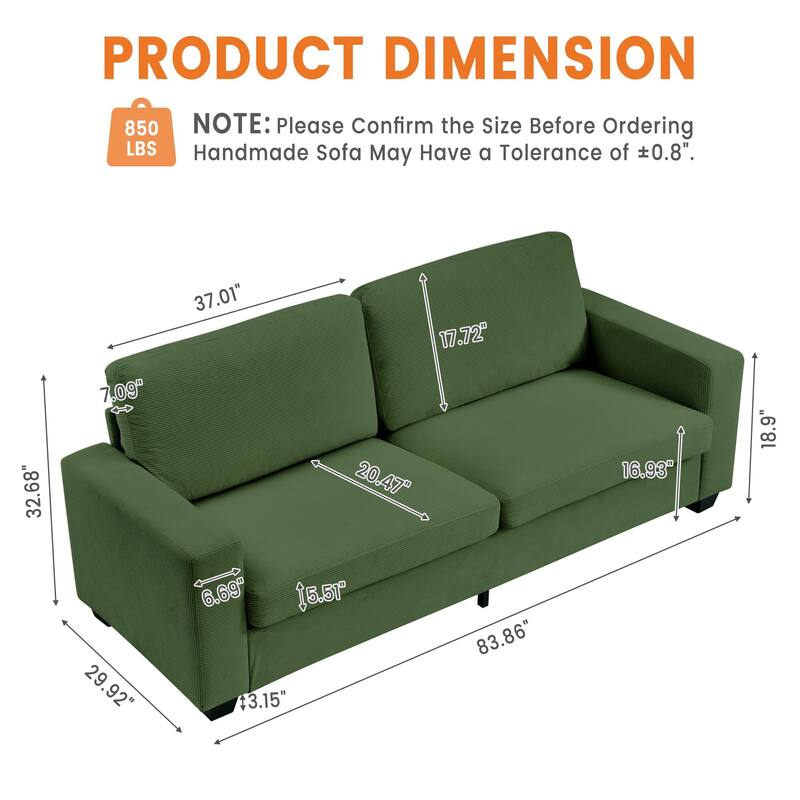 83" Modern Sofa, Corduroy 3 Seater Deep Seat Couch with Wide Armrest, Removable Washable Cushion Cover, Comfy Sofa