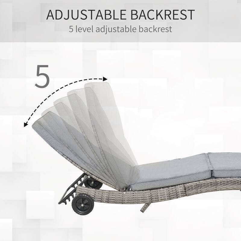Outsunny Outdoor PE Rattan Patio Chaise Lounge Chair with 5 Backrest Angles & 2 Wheels for Easy Movement, Grey
