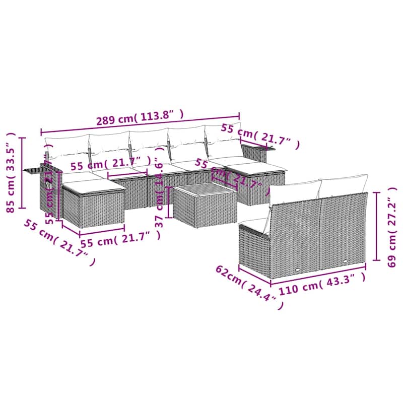vidaXL Garden Sofa Set 10 Piece with Cushions Outdoor Sofa Set Poly Rattan - 24.4 x 24.4 x 27.2 in (W x L x H)