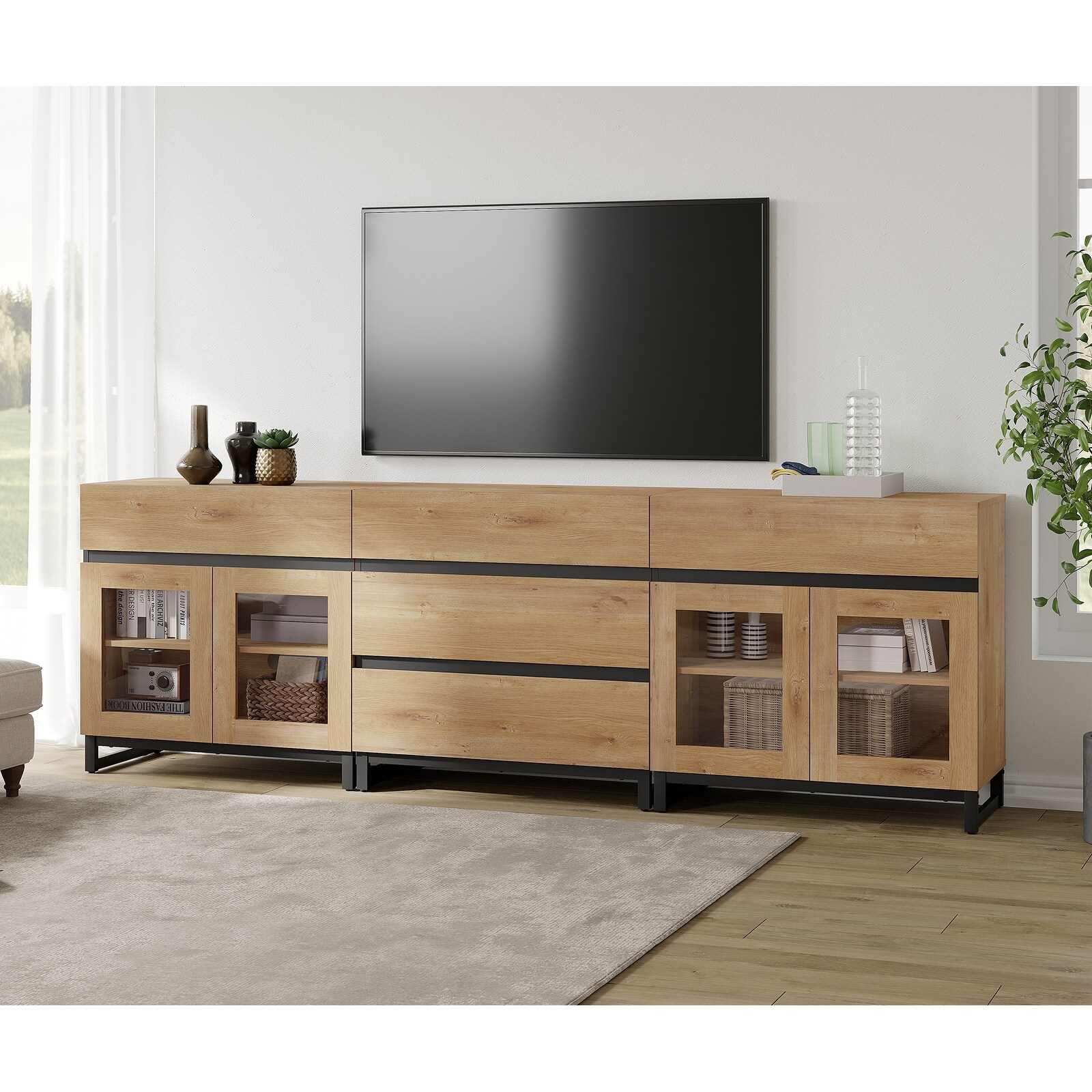 3 In 1 TV Stand for Tvs Up to 100 Inch, Modern TV Console with Glass Doors and 5 Drawers for Living Room, Bedroom