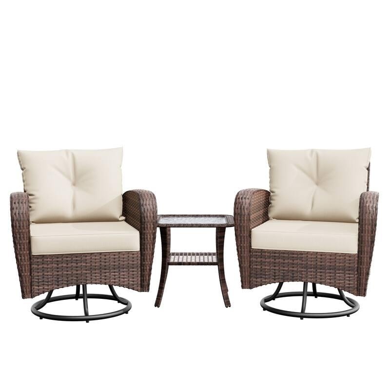 Cozywor 3-Piece Outdoor Bietro Sets, Patio Wickier Chairs with Side Table and Thick Cushions