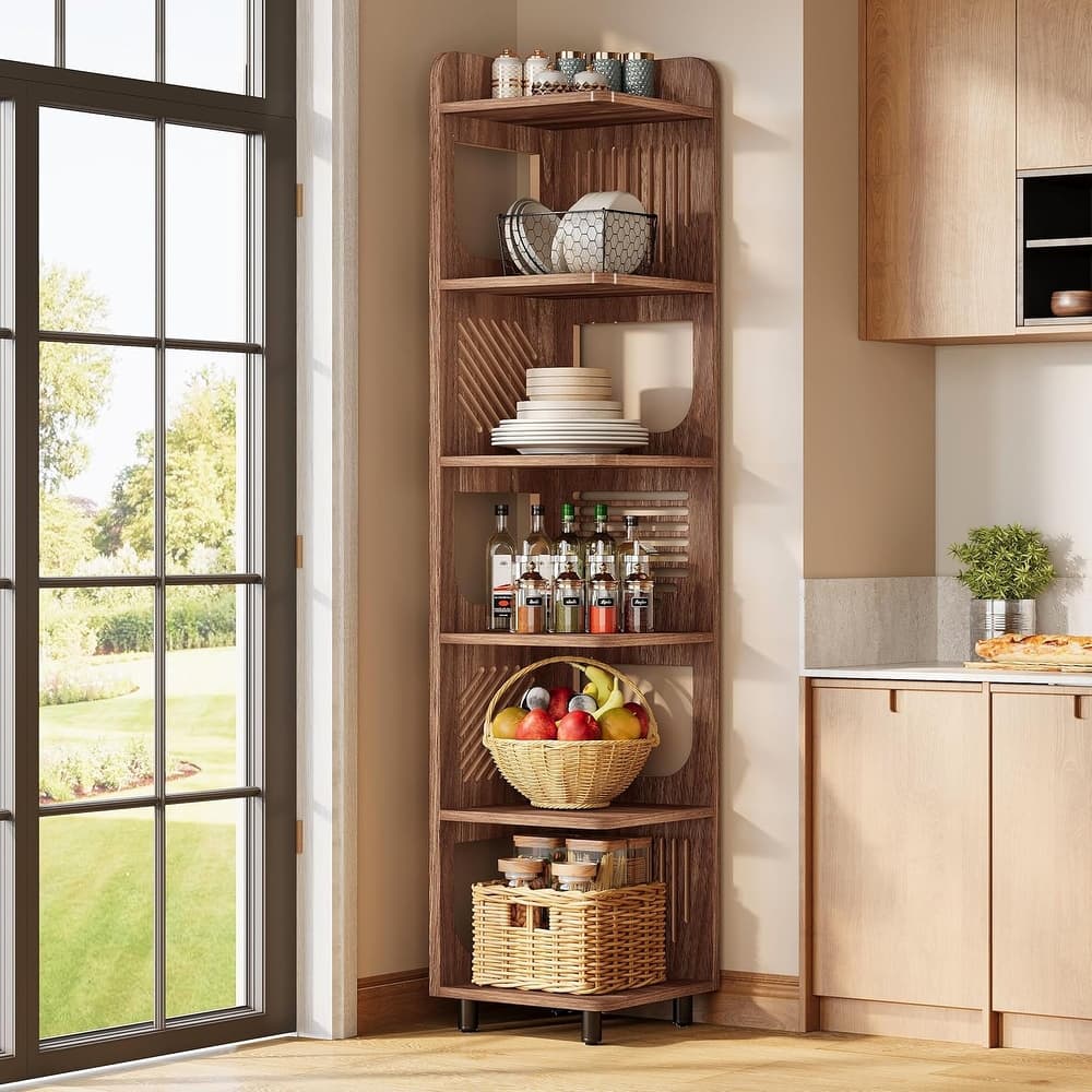 6-Tier Corner Shelf, Rustic Tall Corner Bookshelf for Living Room, Bedroom, Office