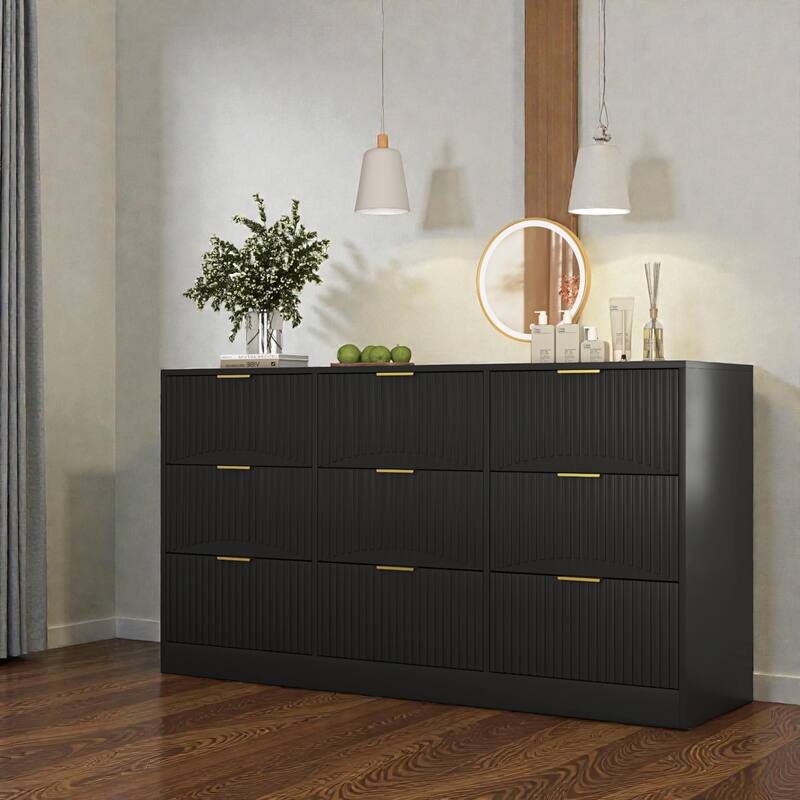 Modern 9 Drawer Dresser with Wavy Drawer Fronts, 63 Inch Wide Wooden Chest of Drawers for Bedroom Living Room