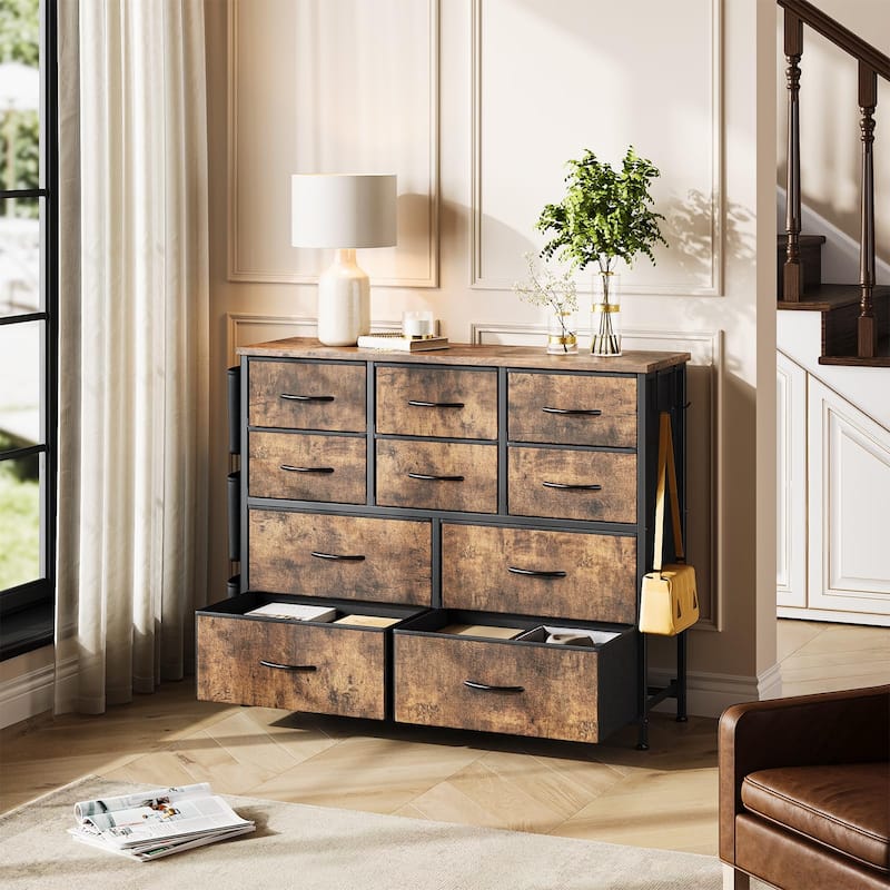 Fabric 10 Drawer Dresser for Bedroom, Metal Frame Storage Organizer Chest with Side Pockets, Hooks