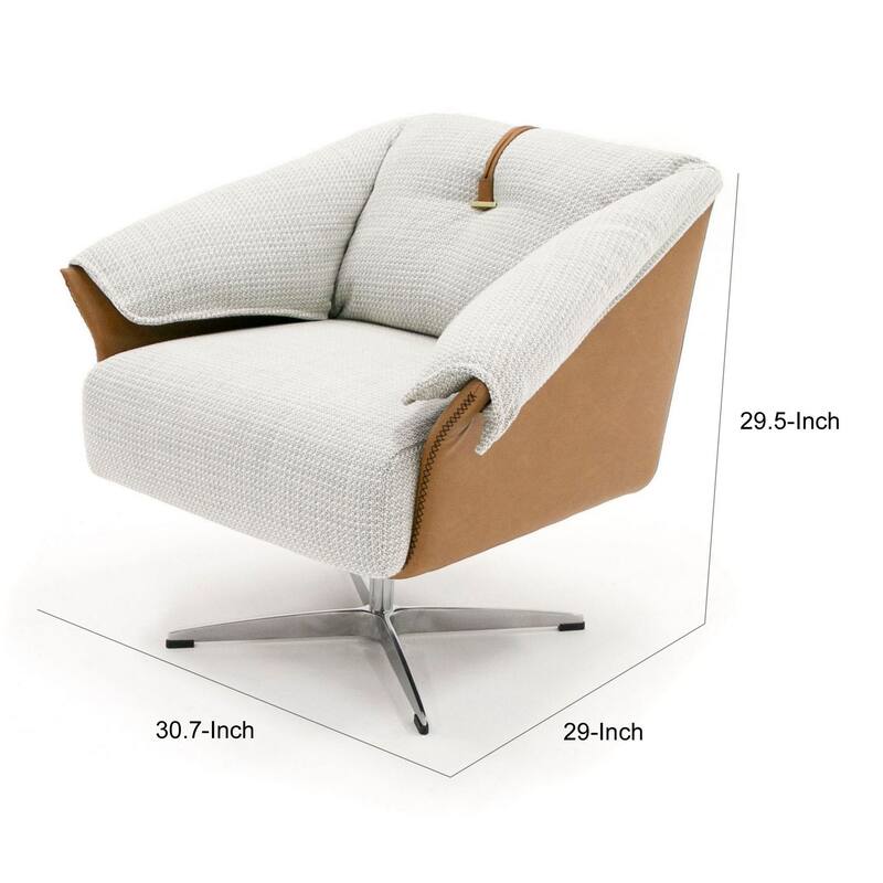 31 Inch Swivel Accent Chair, Padded Cushions, Faux Leather, Gray, Caramel