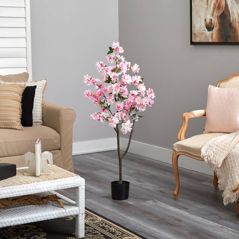 Artificial Cherry Blossom Tree 4ft - Pink Flowers Faux Tree Indoor Decor - Elegant Spring Accent Home Office Living Room