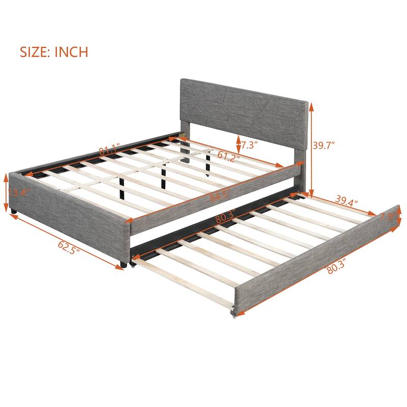 Roomfitters Queen Size Upholstered Platform Bed Frame with Twin XL Trundle and Geometric Patterned Headboard