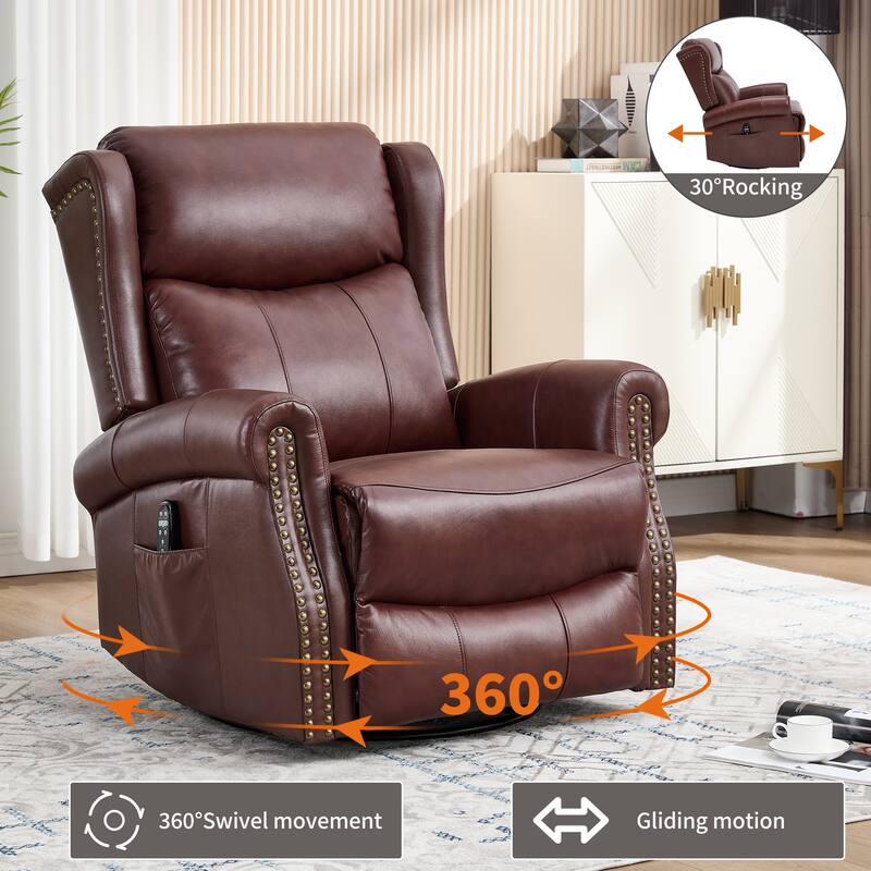Manual Recliner Chair with Heat & Massage, Genuine Leather Swivel Recliner Chair, Lounge Sofa Chair with Side Pockets