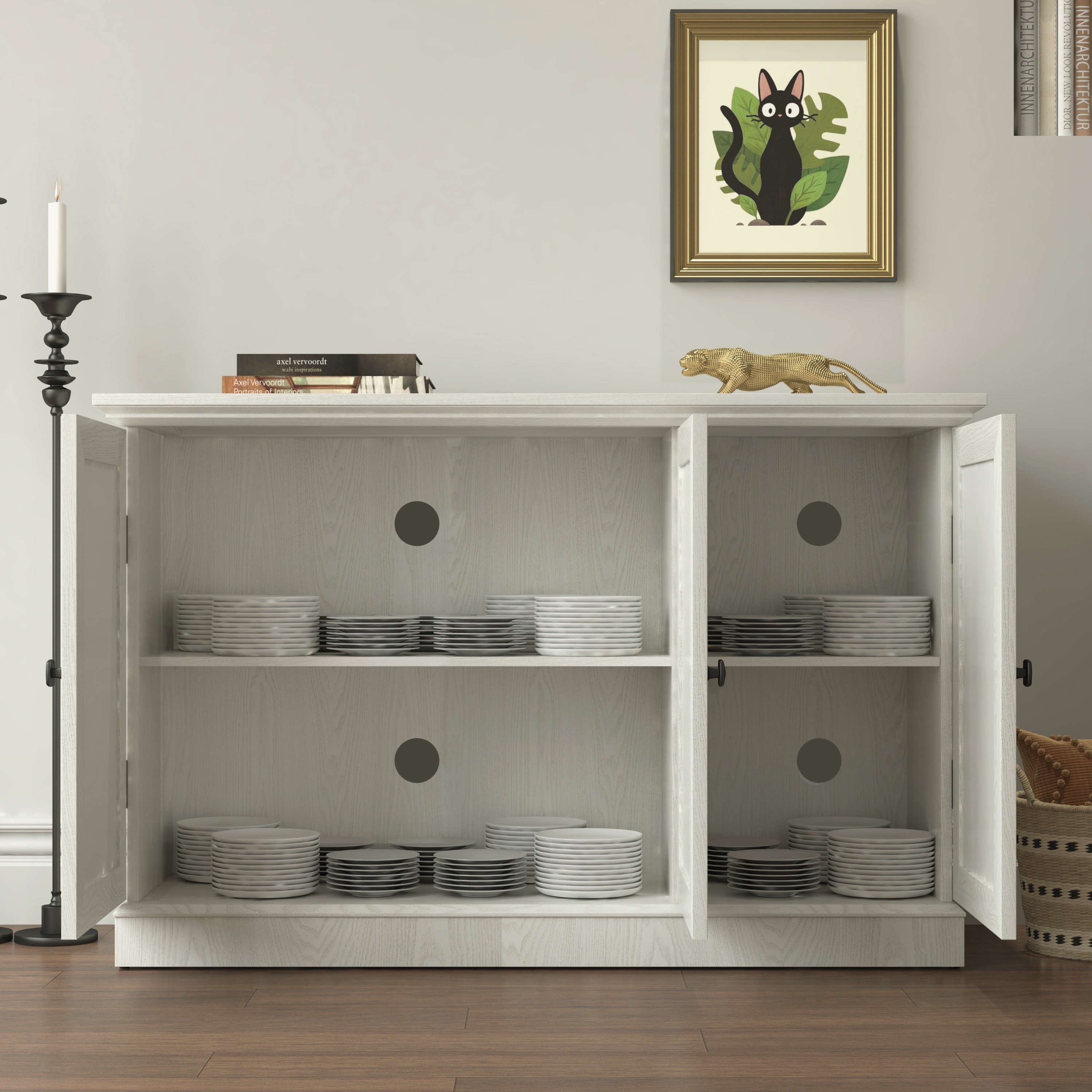 Sideboard Cabinet with 3 Mirrored Acrylic Doors, Multifunctional Wood Storage Cabinet, Accent Cabinet with Adjustable Shelves