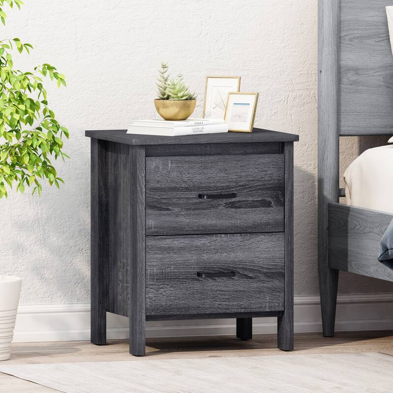 Faux Wood Finish Cupboard Cabinet, Bedroom Nightstand Living Room Display Cabinet with 2 Drawers, Chest Storage Side Bedside