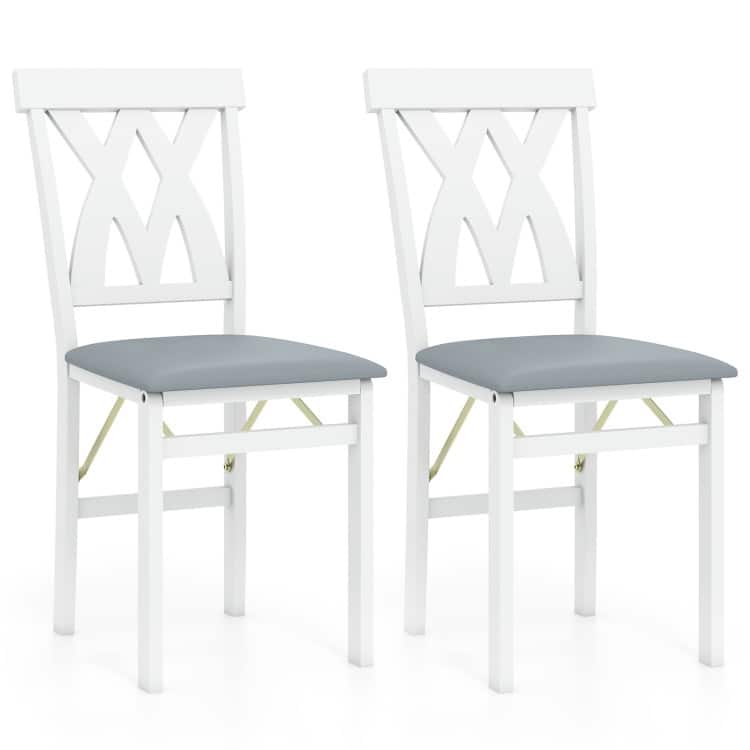 Set of 2 Folding Wooden Dining Chairs with PVC Leather Seat X-Back - 16" x 21" x 36" - White
