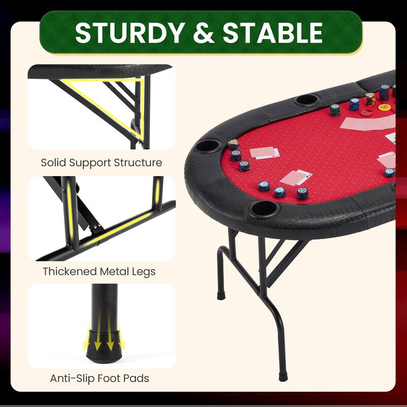 EROMMY Foldable Oval Poker Table for 8 Players, 72" Texas Holdem & Blackjack Table with Cup Holders and Casino-Grade Felt