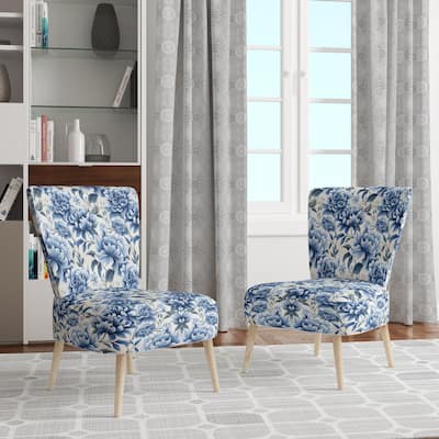 Designart "White And Blue Damask Breeze" Upholstered Damask Accent Chair Bohemian & Eclectic Side Chair - Multiple Color