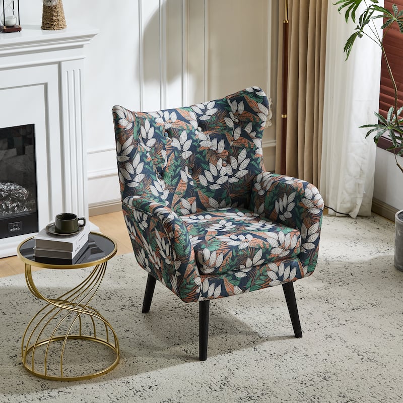 Roomfitters Tufted Wingback Accent Armchair, Tropical Pattern Upholstered Fabric Chair, Modern Living Room Seating, Multicolor