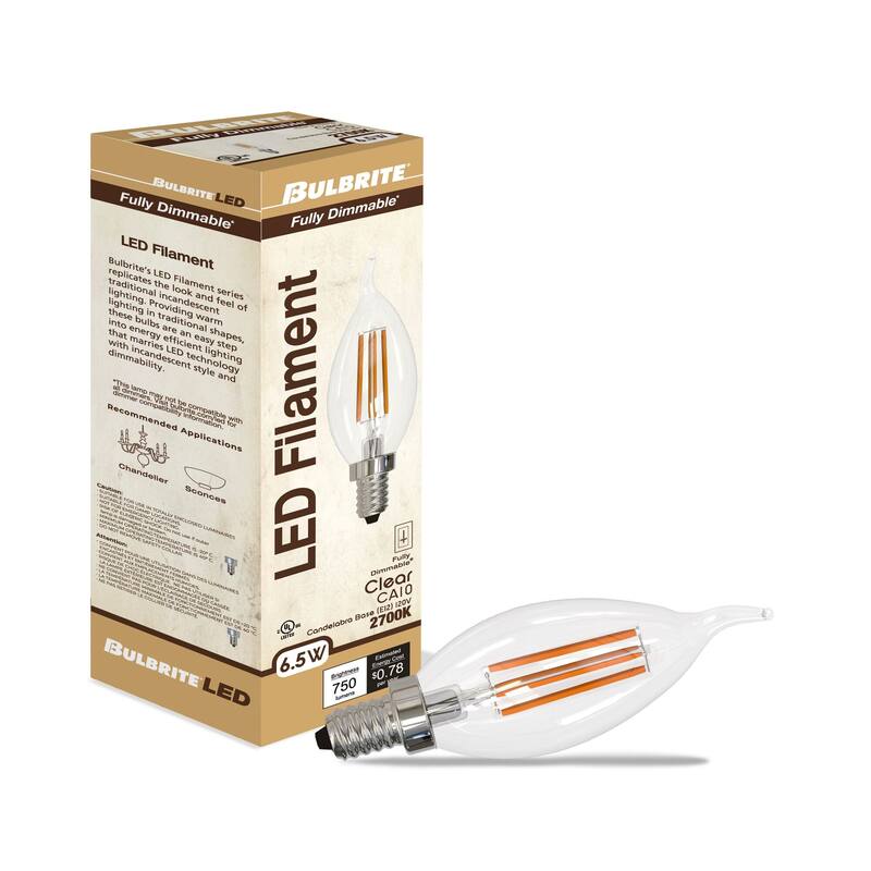 Bulbrite LED Filament Pack of (4) 6.5 Watt Dimmable CA10 Light Bulbs with a Clear Finish and Candelabra (E12) Base