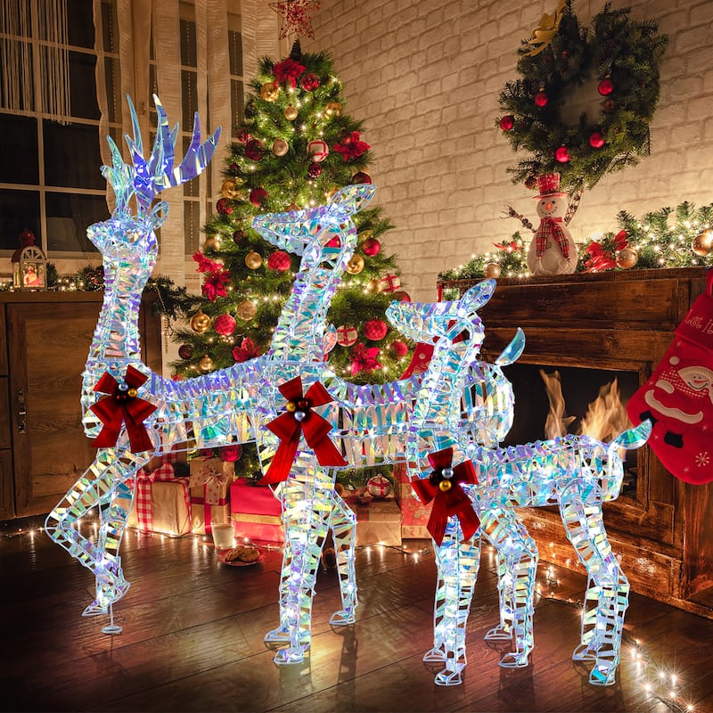 Gymax 3-Piece Iridescent Reindeer Family Set Christmas Pre-Lit Deer w/