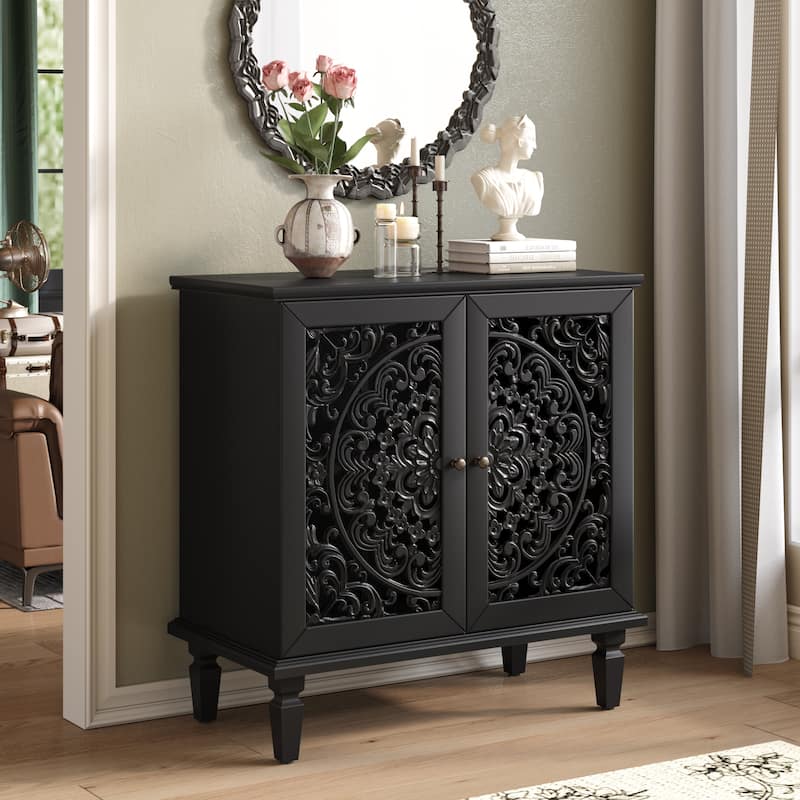 GDF Studio - Vintage Hollow-Carved Accent Cabinet, 2-Door Display Sideboard with Adjustable Shelf - Black