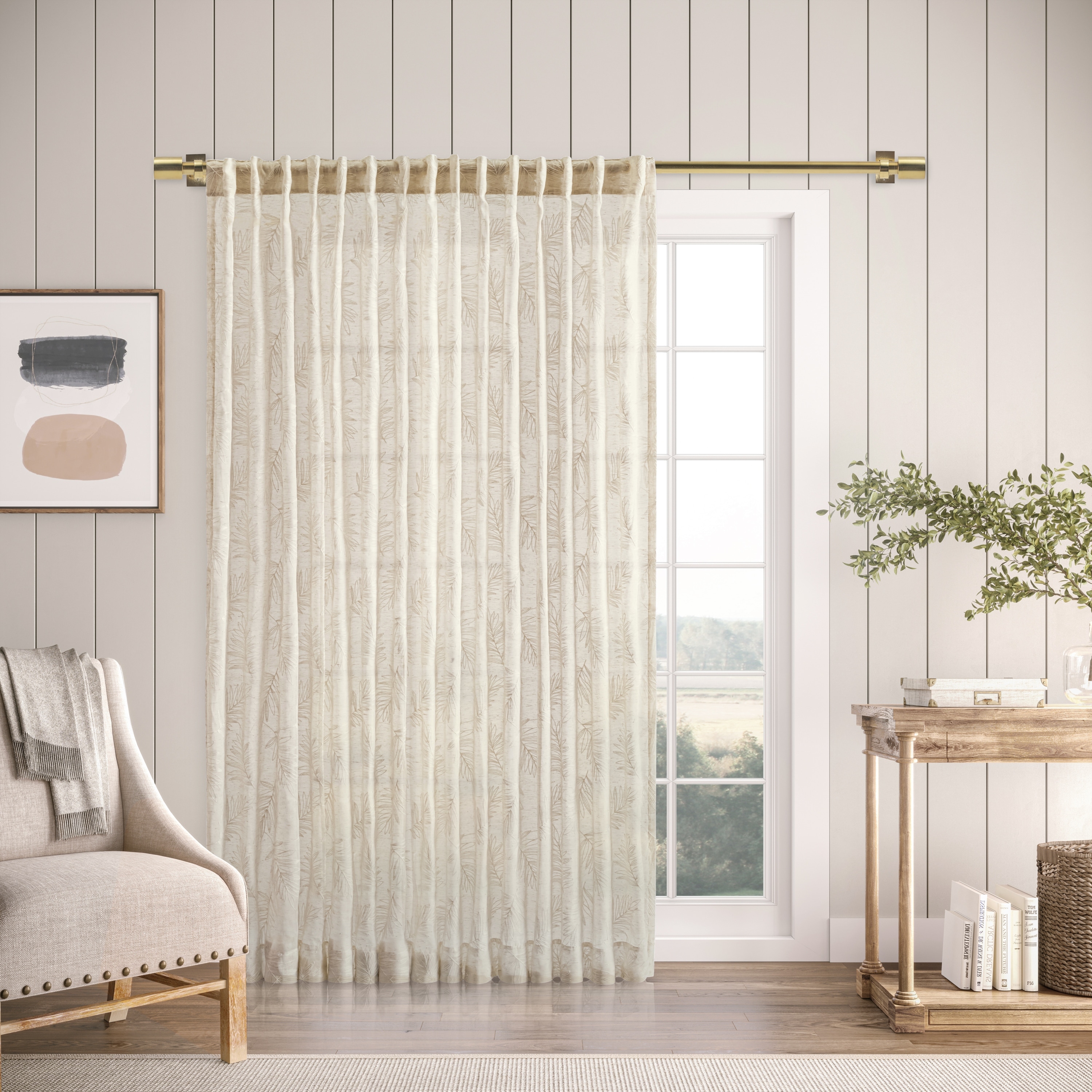Gorgeous Sheer Leaf Embroidered Rod Pocket W Back Tab Patio Panel - 104"W x 108"L