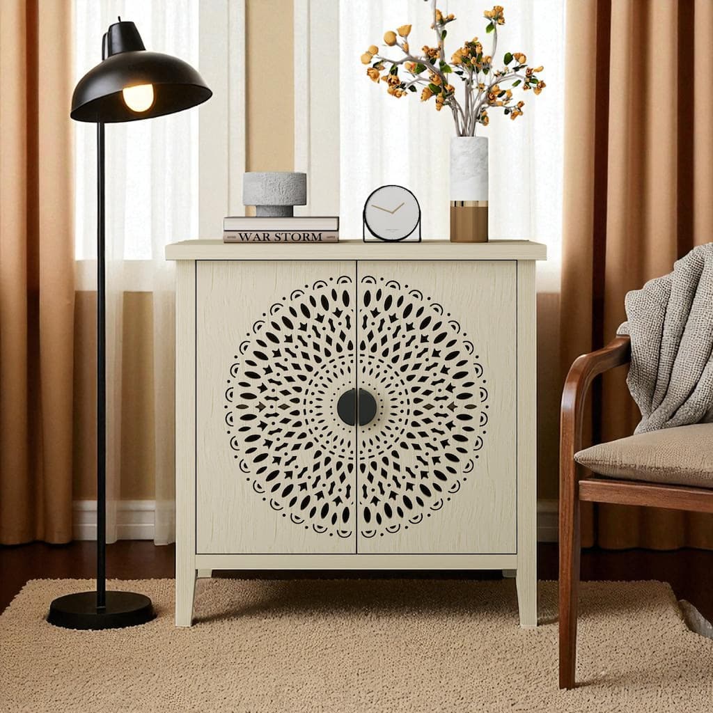 Hollow Carved 2-Door Accent Cabinet with Adjustable Shelf and Anti-Tip Kit, Decorative Storage Cabinet for Entryway or Bedroom