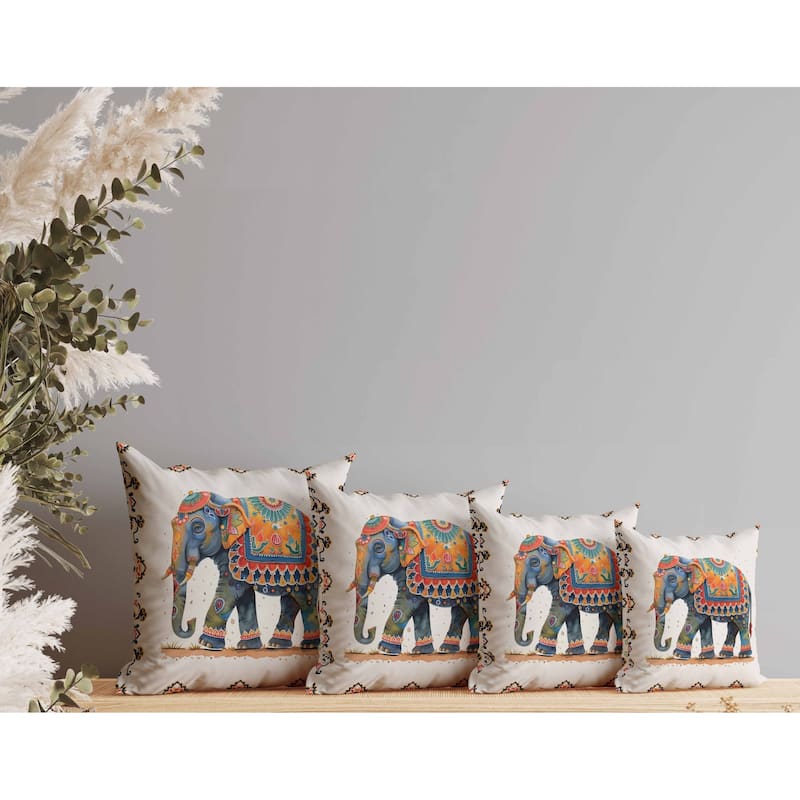 Decorated Elephant Indoor/Outdoor Reversible Throw Pillow Beige and Blue