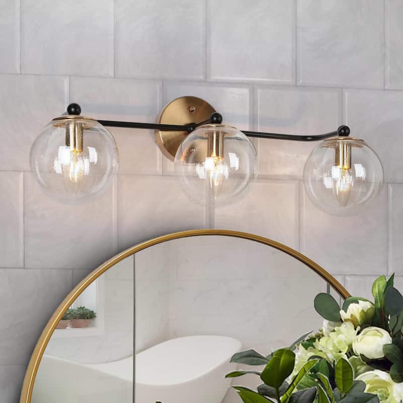 Modern Glam Black Gold 2/3/4 Light Bathroom Vanity Light Globe Seeded Glass Wall Sconces - 3-Light