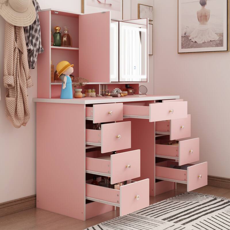 Vanity Desk with Mirror and Lights, Large Makeup Vanity Dressing Table