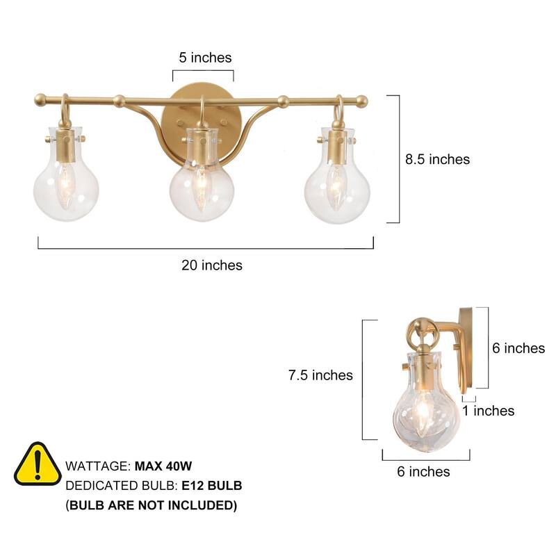 Modern Gold 3-Light Bathroom Vanity Light Wall Sconces with Glass Shade