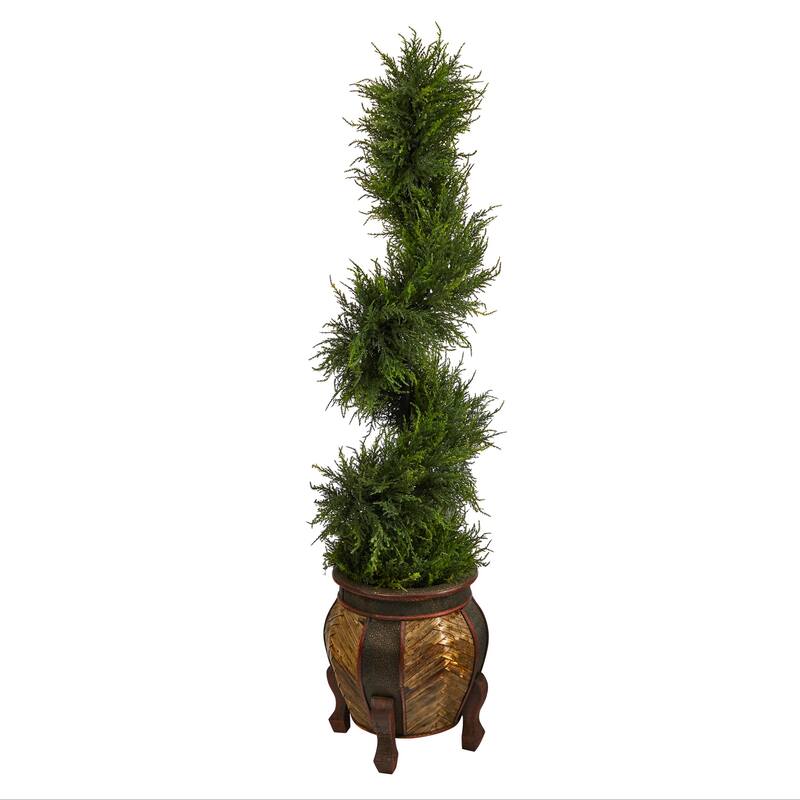 Artificial Spiral Tree with Lights - 4.5ft Indoor Outdoor Decorative Tree in Planter - Green - 51-60 Inches