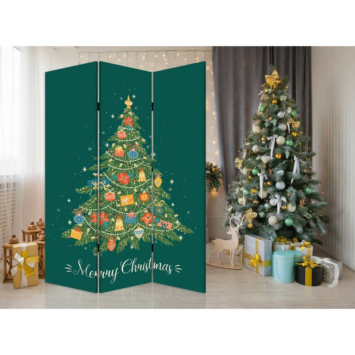 Festive Merry Christmas Three Panel Room Divider Screen Bed Bath