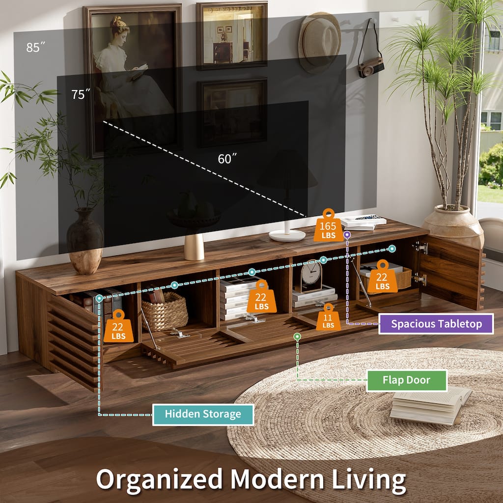 Mid-Century Modern Floor-Standing TV Stand for TVs up to 85", Media Cabinet Entertainment Center for Living Room, Walnut