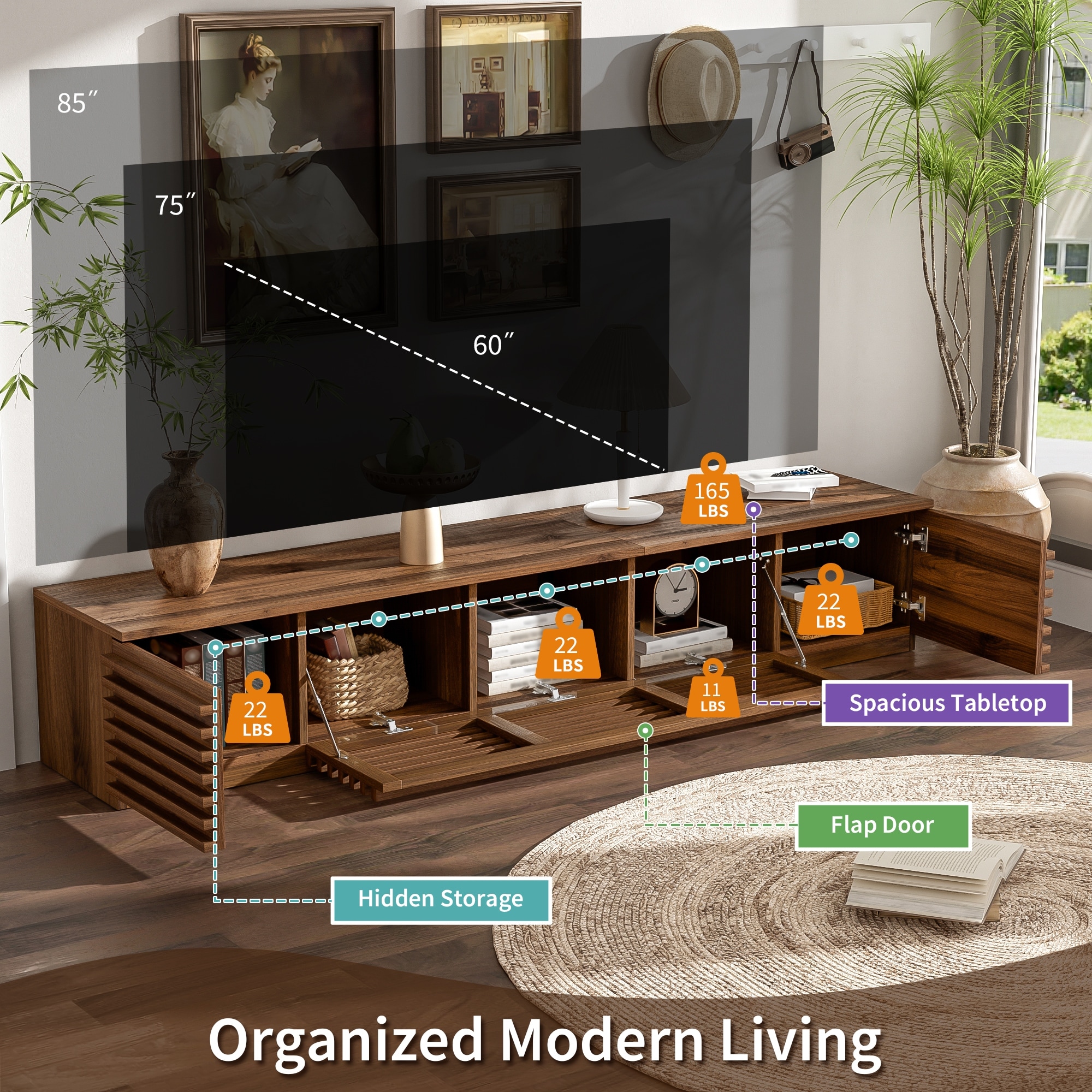 Mid-Century Modern Floor-Standing TV Stand for TVs up to 85", Media Cabinet Entertainment Center for Living Room, Walnut