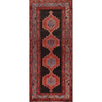 Geometric Hamedan Persian Vintage Runner Rug Hand-Knotted Wool Carpet - 3'5"x 9'9"