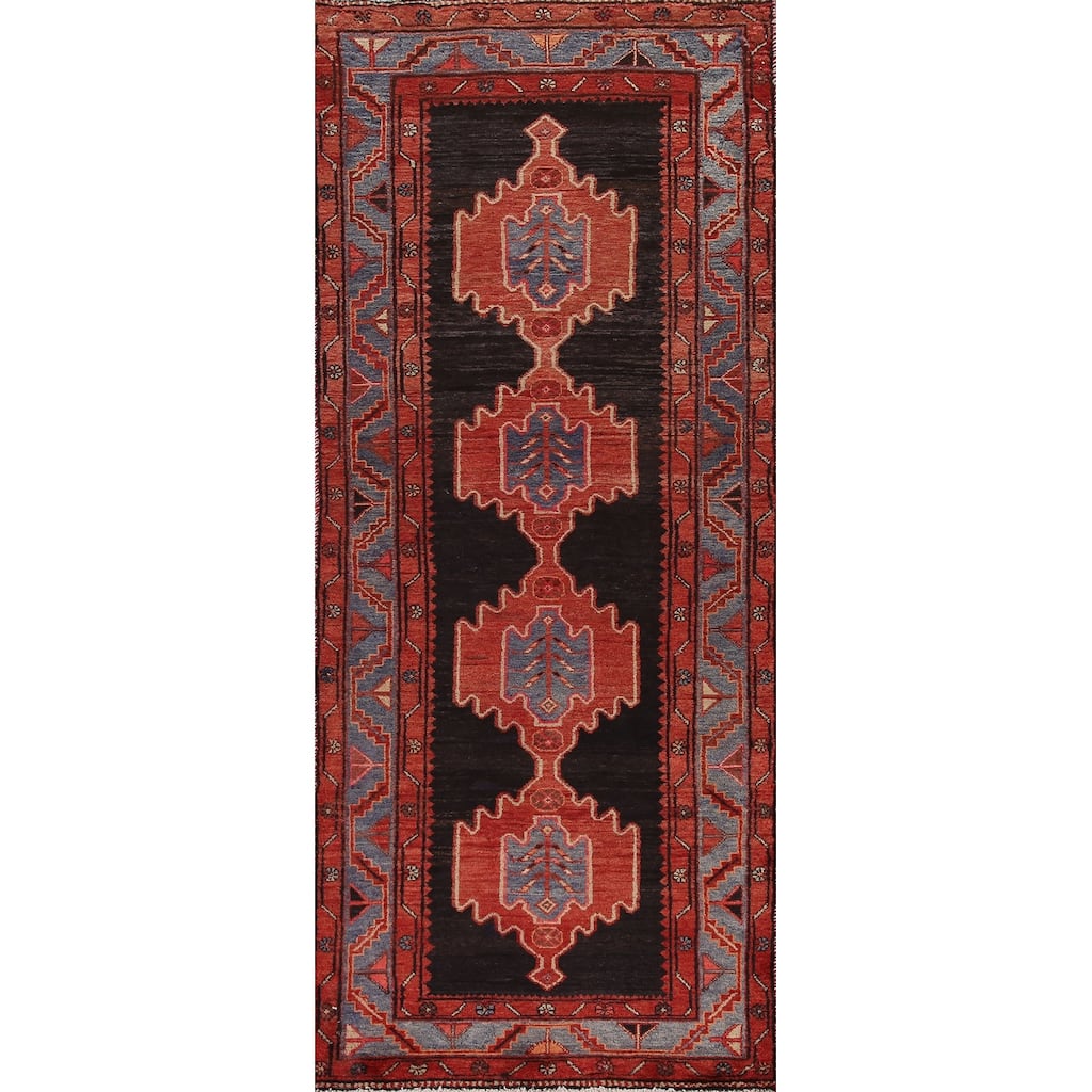 Geometric Hamedan Persian Vintage Runner Rug Hand-Knotted Wool Carpet - 3'5"x 9'9"