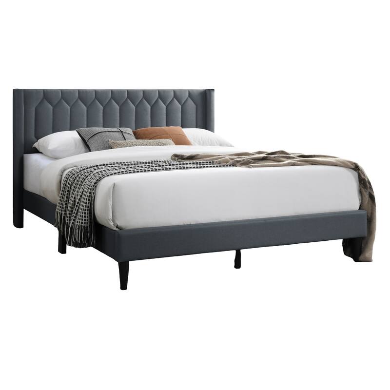 Modern Queen Size Platform Bed with Diamond Design Headboard, Charcoal Burlap Upholstered Bed Frame, Bedroom Furniture