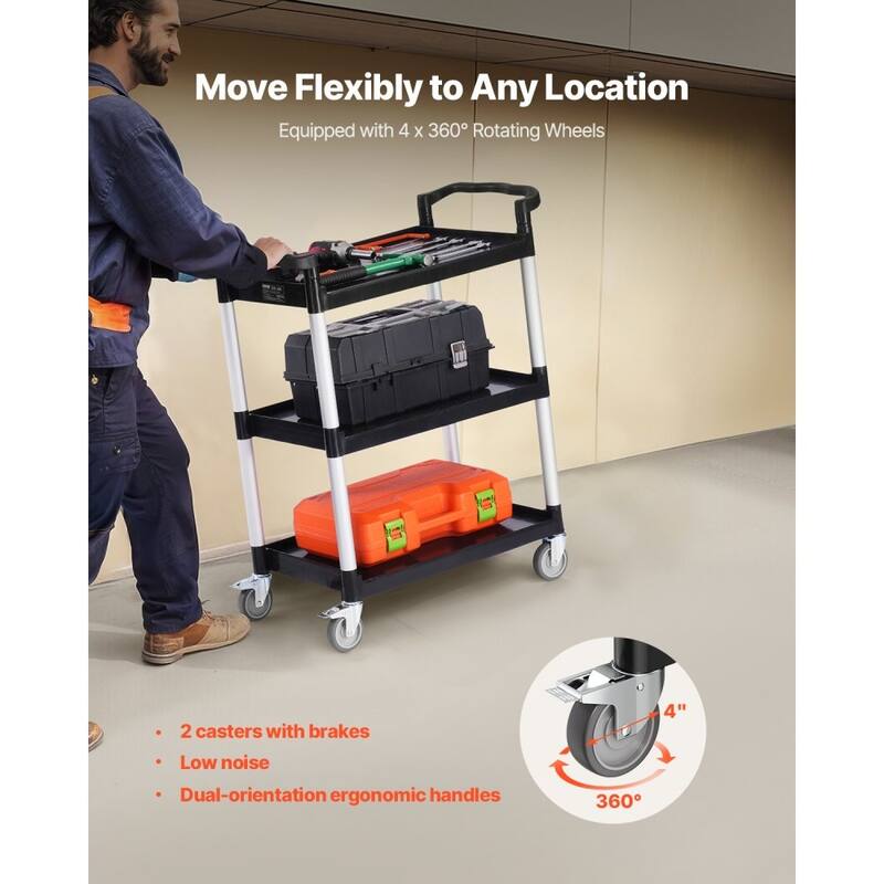 Black 3-Tier Metal Rolling Utility Cart Mobile Organizer with Locking Wheels for Garage and Home Storage - 34.65 x 16.14 x 39 in