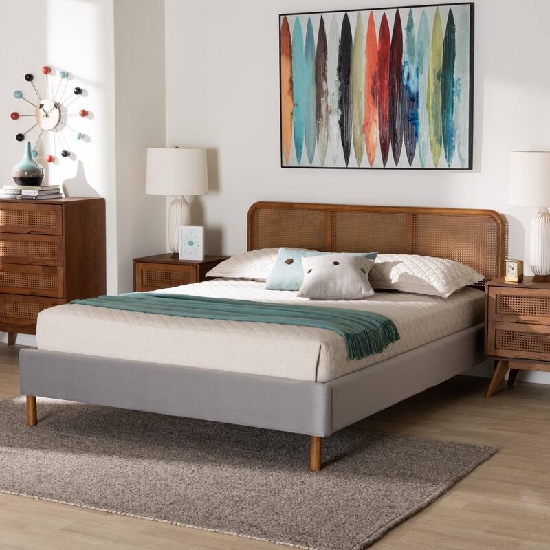 Rosita Mid-Century Modern Transitional Light Grey Velvet Fabric and Walnut Brown Finished Wood Queen Size Platform Bed