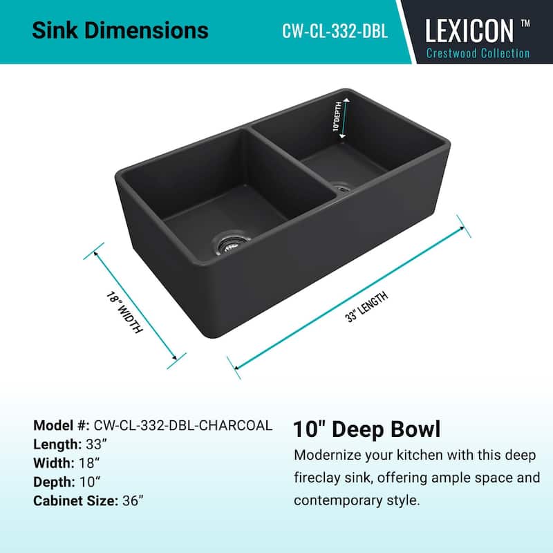 Crestwood 33" Classic Double Bowl Apron Fireclay Sink - Charcoal