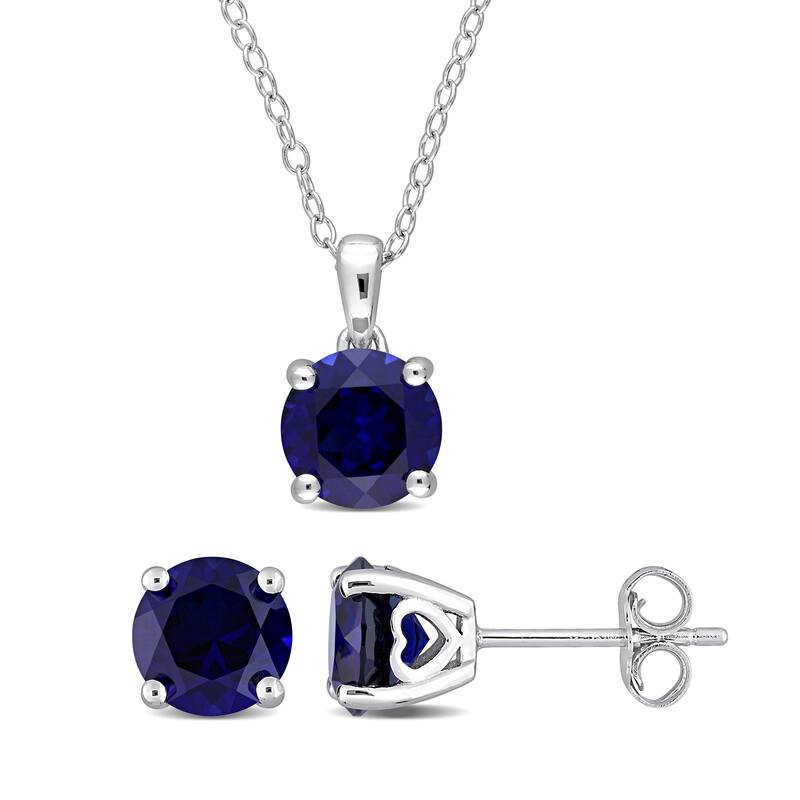 Miadora Created Blue Sapphire Two Piece Solitaire Necklace and Earrings Set in Sterling Silver