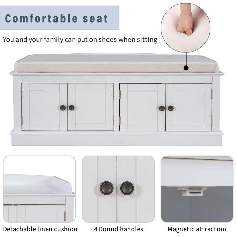 Storage Bench with 4 Doors and Adjustable Shelves with Removable Cushion (Antique Navy)