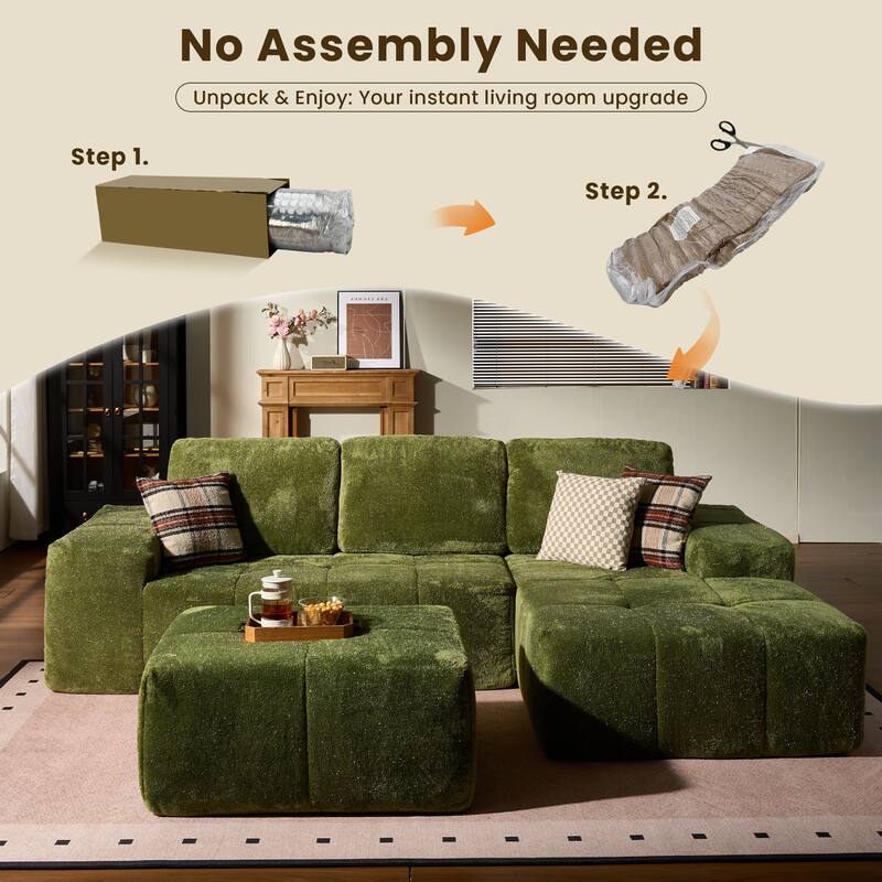 HOOOWOOO Modern Sparkly Velvet Fabric Chaise Sofa Couch with Ottoman