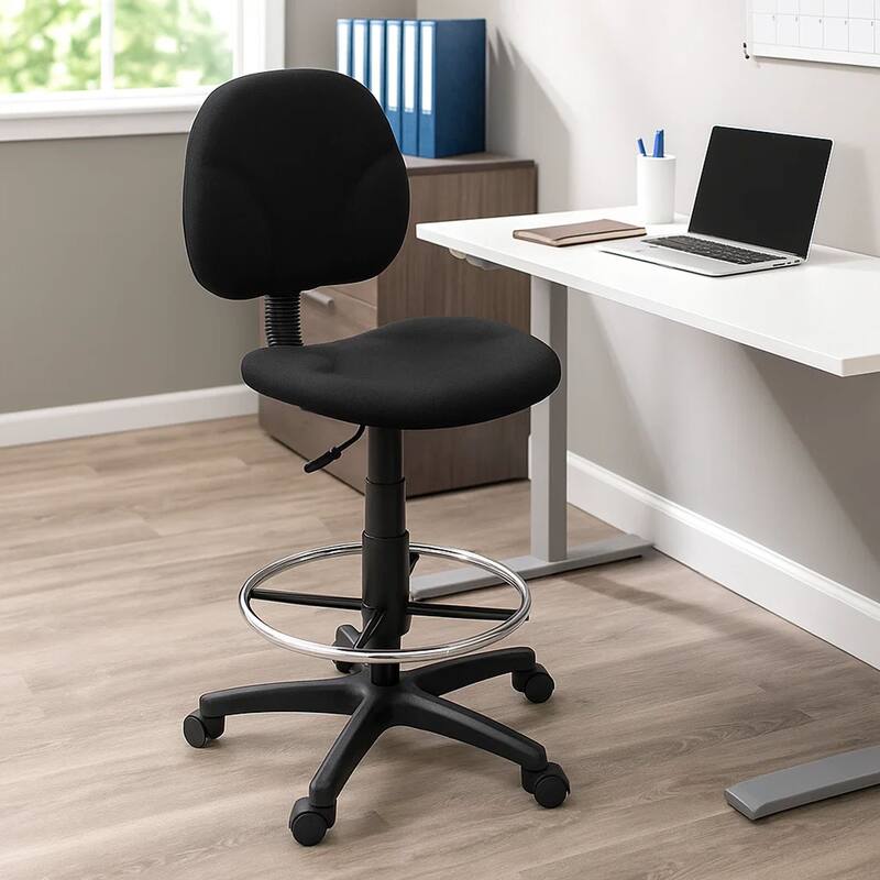 Zem Drafting Stool with Footring, Black Crepe Contoured Back & Seat
