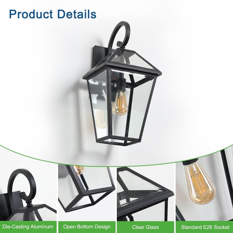 21"(H) 2-Pack Outdoor Wall Lantern Light, Modern Black Metal & Clear Glass Sconce for Garden Lighting (No Bulb)