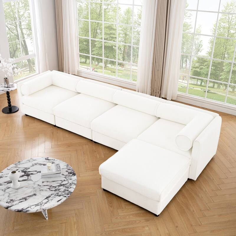 Modern Chenille 6-Seater Sofa with Ottoman Storage, Hidden Storage, Cylindrical Cushioned Arms and Backrest