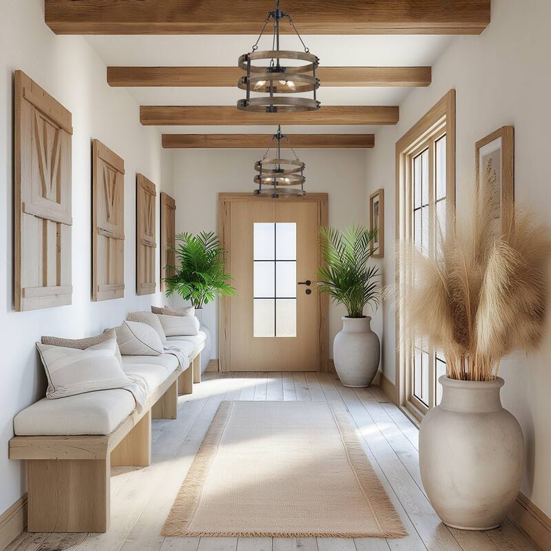 Rustic 3-Light Wood Drum Chandelier Farmhouse Airy Kitchen Island Pendant Light - Dia.15.5"xH21.5"