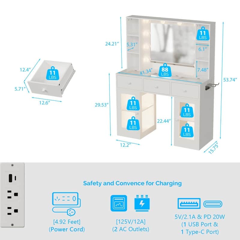 Particle Board Veneered 3 Drawers 2 Glass Doors Left and Right 2-tier Shelves Glass Tabletop Dressing Table - N/A